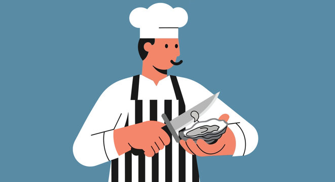 Flat Vector Chef Shucking Fresh Oyster Icon
