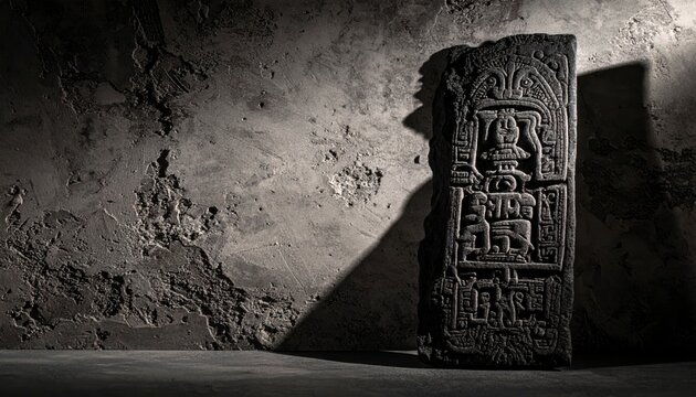 Intricately Carved Maya Glyphs on Ancient Volcanic Stone Stele Fragment