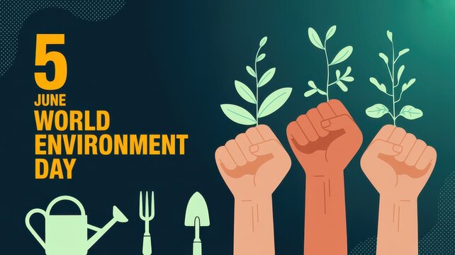 World Environment Day conceptual illustration with hands holding plants and gardening tools