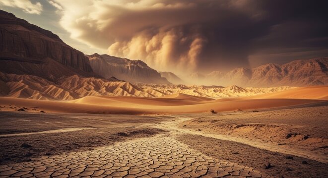 Dramatic Desert Landscape Under Stormy Skies with Golden Light.