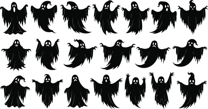 Spooky Halloween Ghost Silhouette Character Icon Set with Various Scary Expressions and Flying Poses for Festive Graphic Design, Patterns, and Assets