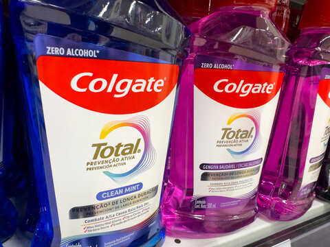 BELO HORIZONTE, MG, BRAZIL, MAY, 15, 2026 A close-up view of Colgate toothpaste bottles on a store shelf with colorful packaging