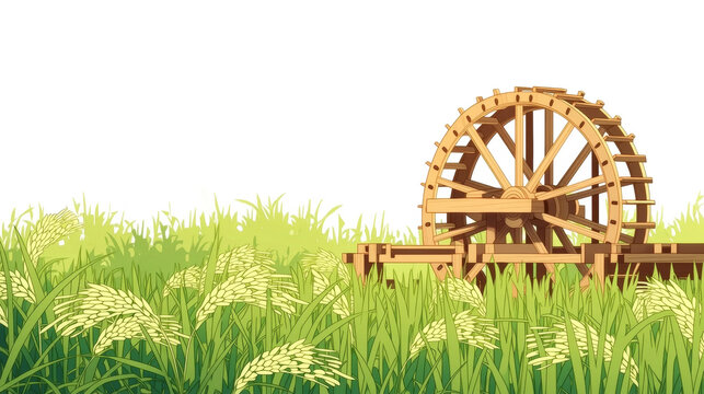 Traditional wooden waterwheel in a lush green rice field illustration, rural agriculture and irrigation concept