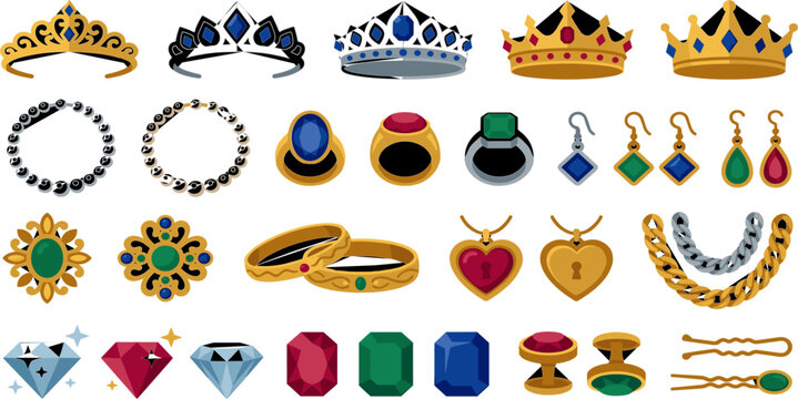 Royal Jewelry and Gemstone Icon Set with Crowns, Rings, Earrings, Necklaces, Diamonds, and Luxury Fashion Accessory Illustrations Collection