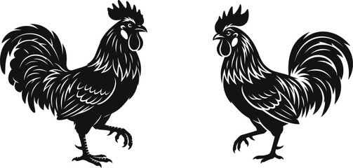 Black and white rooster illustrations in striking stances © MDTamizUddin
