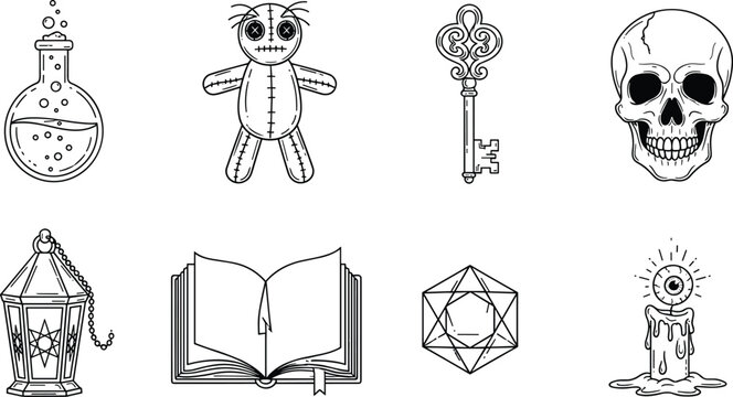 Spooky Halloween Magic and Occult Icon Set Featuring Linear Potion Flask Voodoo Doll Vintage Key Skull Lantern Spellbook Eyeball Candle and Geometric Dice