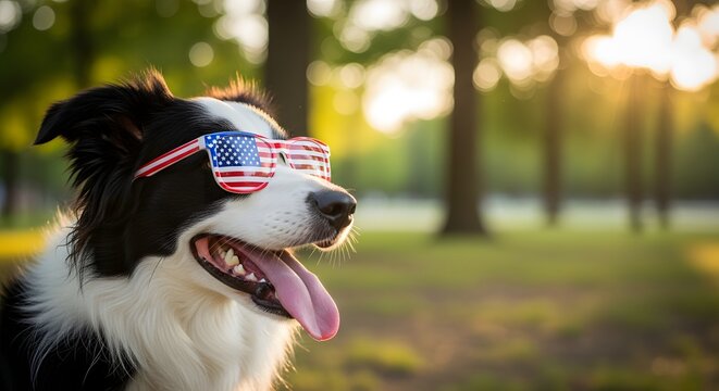 Border collie wearing flag sunglasses in park
