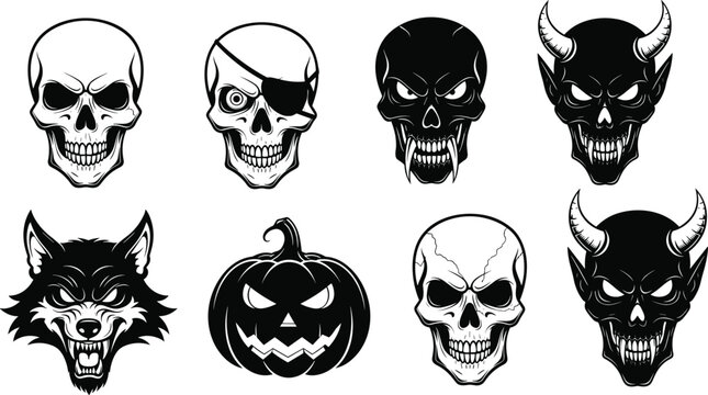 Spooky Halloween Monster and Skull Icon Set Featuring Human Skulls Pirate Eyepatch Vampire Fangs Horned Demons Jack O Lantern Pumpkin and Angry Werewolf