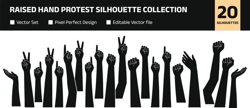 Raised Hand Protest Silhouette Collection with Freedom Solidarity and Activism Symbols for Social Graphic Design Projects