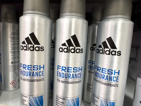 BELO HORIZONTE, MG, BRAZIL, MAY, 15, 2026 A close-up view of Adidas Fresh Endurance spray cans on a store shelf