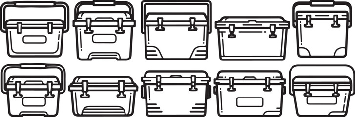 Black and white line icons of different types of trucks and vehicles outline Vector © mahafuza