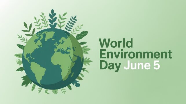 World Environment Day banner with Earth globe and green leaves on a light green gradient background