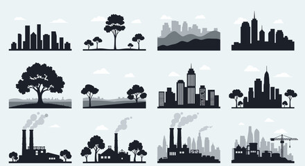 Obraz premium A collection of urban and nature silhouettes featuring buildings, trees, and factories in a modern flat style