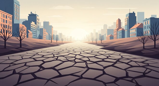 Cracked dry riverbed leading to a distant city skyline at sunset