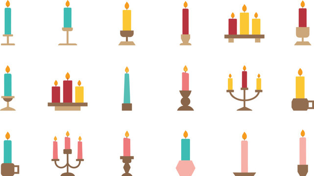Candle illustration collection featuring decorative holders, candelabras, grouped candles, colorful flames, and stylized lighting design elements