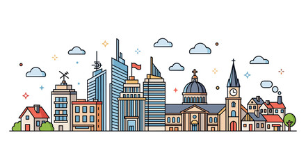 Naklejka premium A colorful city skyline illustration featuring modern and historical buildings in a flat design style