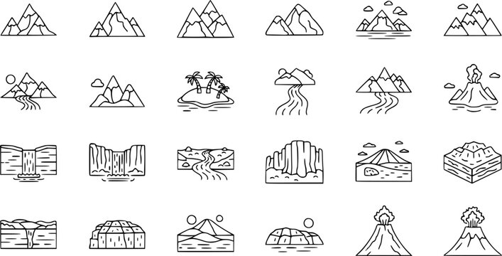 Geological formations and natural landmarks vector line icons. outline elements of mountains, rivers, and islands for web and print.
