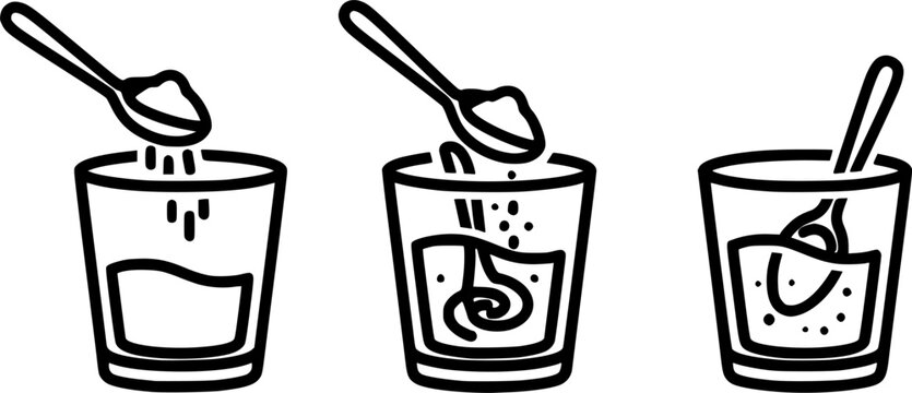Three step icon showing how to dissolve powder in water with a spoon, isolated on white background
