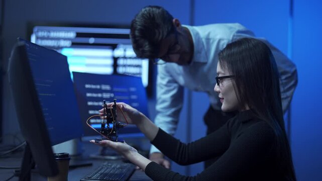 Asian female robotics engineer presenting a robotic arm prototype to her colleague in a high-tech laboratory.