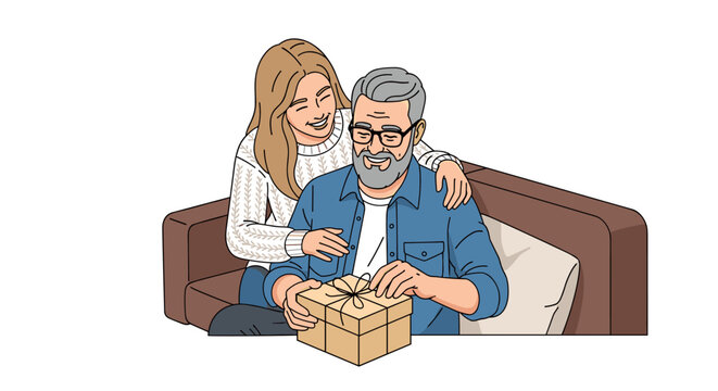A joyful scene of a woman helping a man unwrap a gift, illustrated in a modern, flat style, perfect for family celebrations
