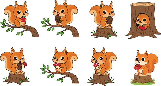 Cartoon squirrel illustration collection featuring forest animals, pinecones, mushrooms, apples, tree stumps, branches, and playful woodland scenes
