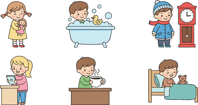 Children daily activity cartoon illustration collection featuring play, bath, study, winter clothing, eating, drinking, and sleeping routines