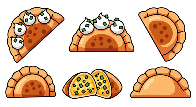 A colorful collection of cartoon-style dumplings and empanadas showcasing different fillings and toppings