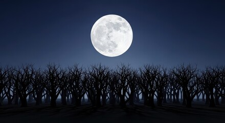 Fototapeta premium A bright glowing moon hangs high above sharp black silhouettes of twisted trees, casting a cold white light across the spooky dark woods, atmosphere, midnight, darkness