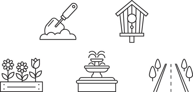 Garden and outdoor illustration collection featuring trowel, birdhouse, flower box, fountain, tree avenue, and minimalist nature design