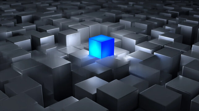 Glowing blue cube standing out in a crowd of gray metallic cubes 3D rendering concept of uniqueness and leadership