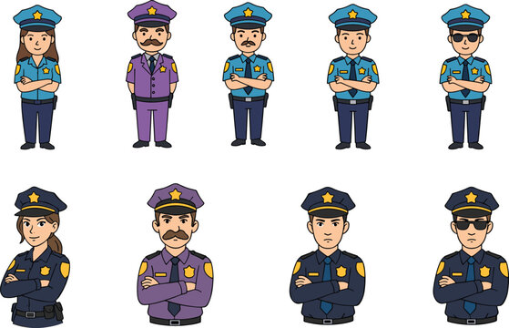 Police officer cartoon illustration collection featuring uniforms, hats, badges, light blue, navy, and purple stylized character designs