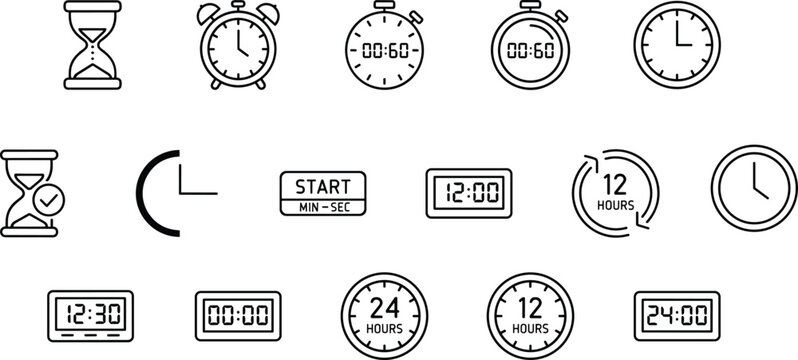 Time and clock icon collection featuring hourglasses, analog clocks, alarm clocks, stopwatches, digital displays, and measurement symbols