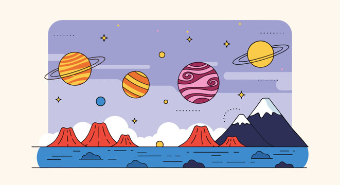 A vibrant illustration featuring planets and mountains in a whimsical, flat design style, perfect for space-themed projects