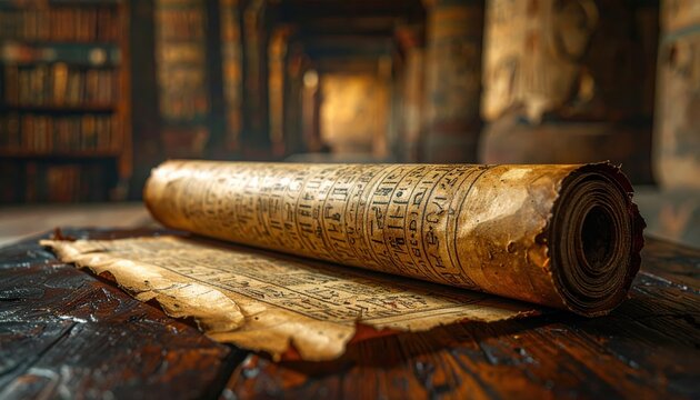 Fragmented ancient Egyptian papyrus scroll with faded hieroglyphic script unrolled on a dark wooden surface