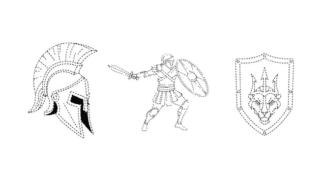 Ancient gladiator helmet and shield line art design