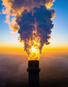 Industrial smoke illuminated by warm golden backlight, forming elegant abstract flowing patterns against a deep sunset background