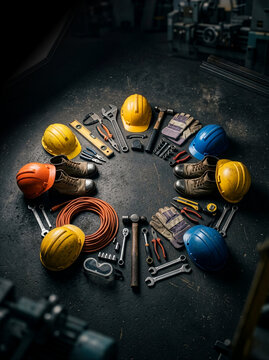 Still life featuring industrial tools and safety helmets arranged in a perfect circular composition on a dark concrete surface