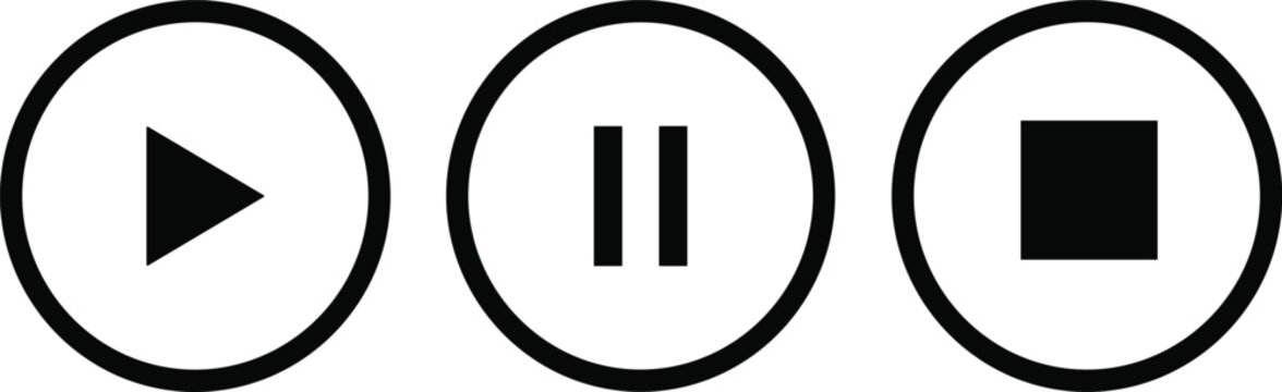 Media control vector icons collection featuring play, pause, and stop buttons in circular design for digital interface and multimedia applications