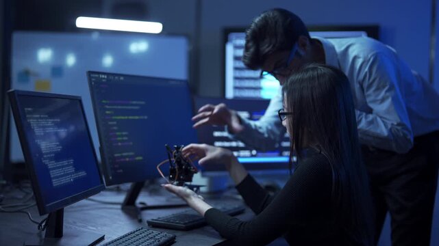 Two engineers testing and programming a robotic arm prototype in a high-tech laboratory.
