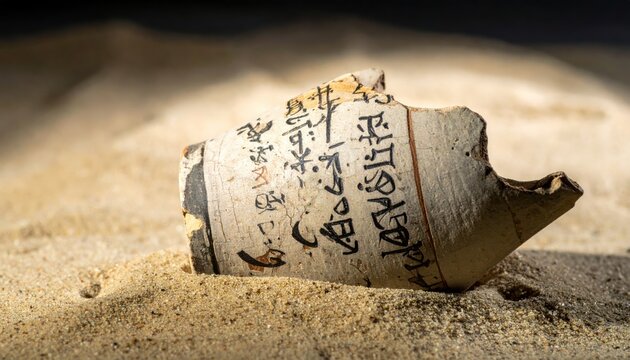 Fragment of an ancient Phoenician ceramic pot with faded painted script displayed on sand