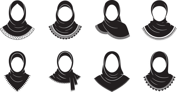 Black lace hijab vector icon set with elegant line art silhouettes