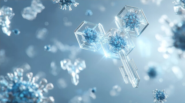 Abstract 3D illustration of blue crystalline structures and virus cells in microscopic space