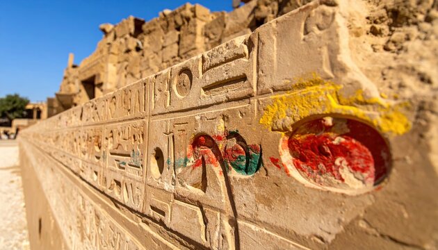 Detailed weathered Egyptian hieroglyphs carved into ancient sandstone block with vibrant faded colors