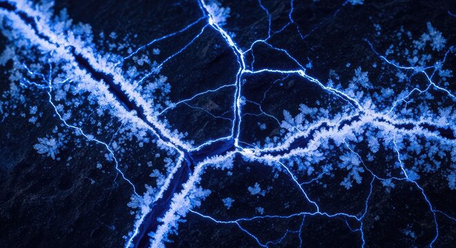 A macro view of dark cracked stone permeated by glowing blue light and white crystalline frost, creating a cold and magical winter texture, detailed, cool, fracture