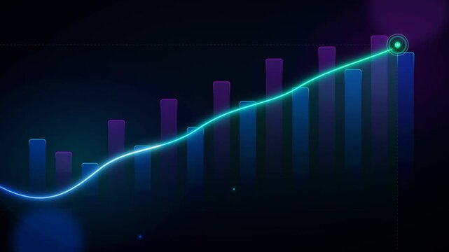 Financial bar chart showing rising growth trends with a glowing digital neon line animation loop