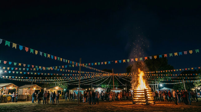 Large bonfire burns brightly at night during Brazilian Festa Junina celebration with colorful flags and crowds gathered around tents