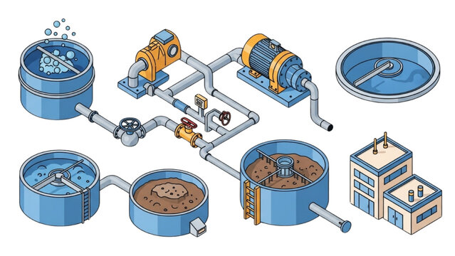 Industrial wastewater treatment vector icon sheet with isometric aeration tanks, sludge pumps, pipes, and valves in bright colors on white