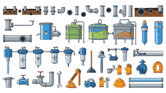 Colorful sewage treatment and drainage systems vector icon sheet featuring underground pipes, filters, and maintenance tools in bold colors