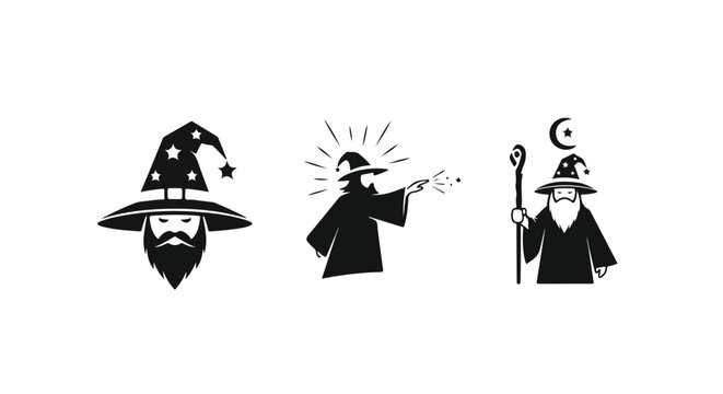 Mystical wizard hats with stars and magic wands