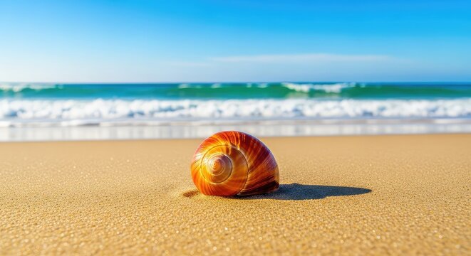 A single spiral seashell rests on pristine golden sand as soft waves approach from the turquoise ocean under a bright and clear sunny sky, surf, detail, serene